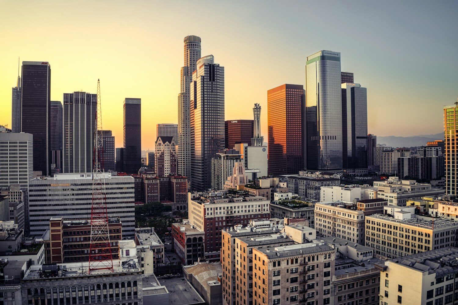A city skyline at golden hour