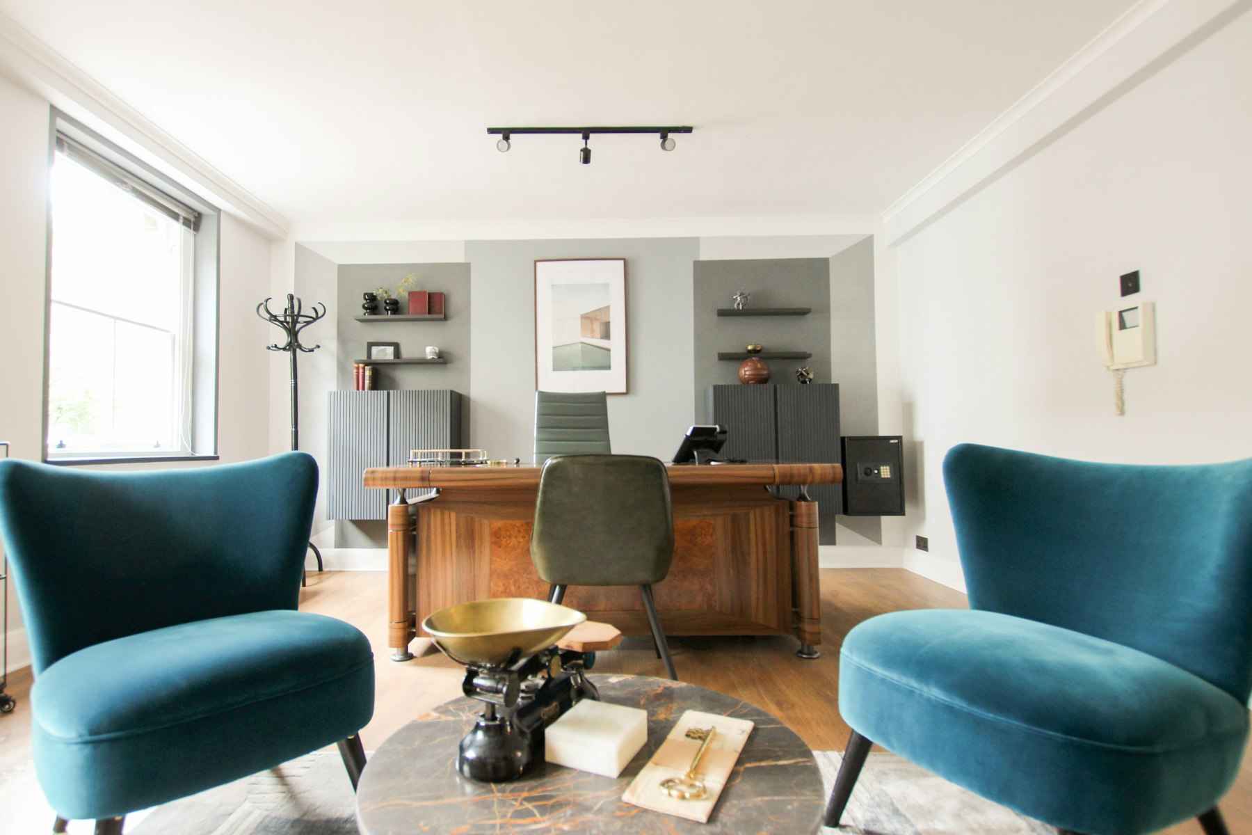 Bright open office with blue chairs