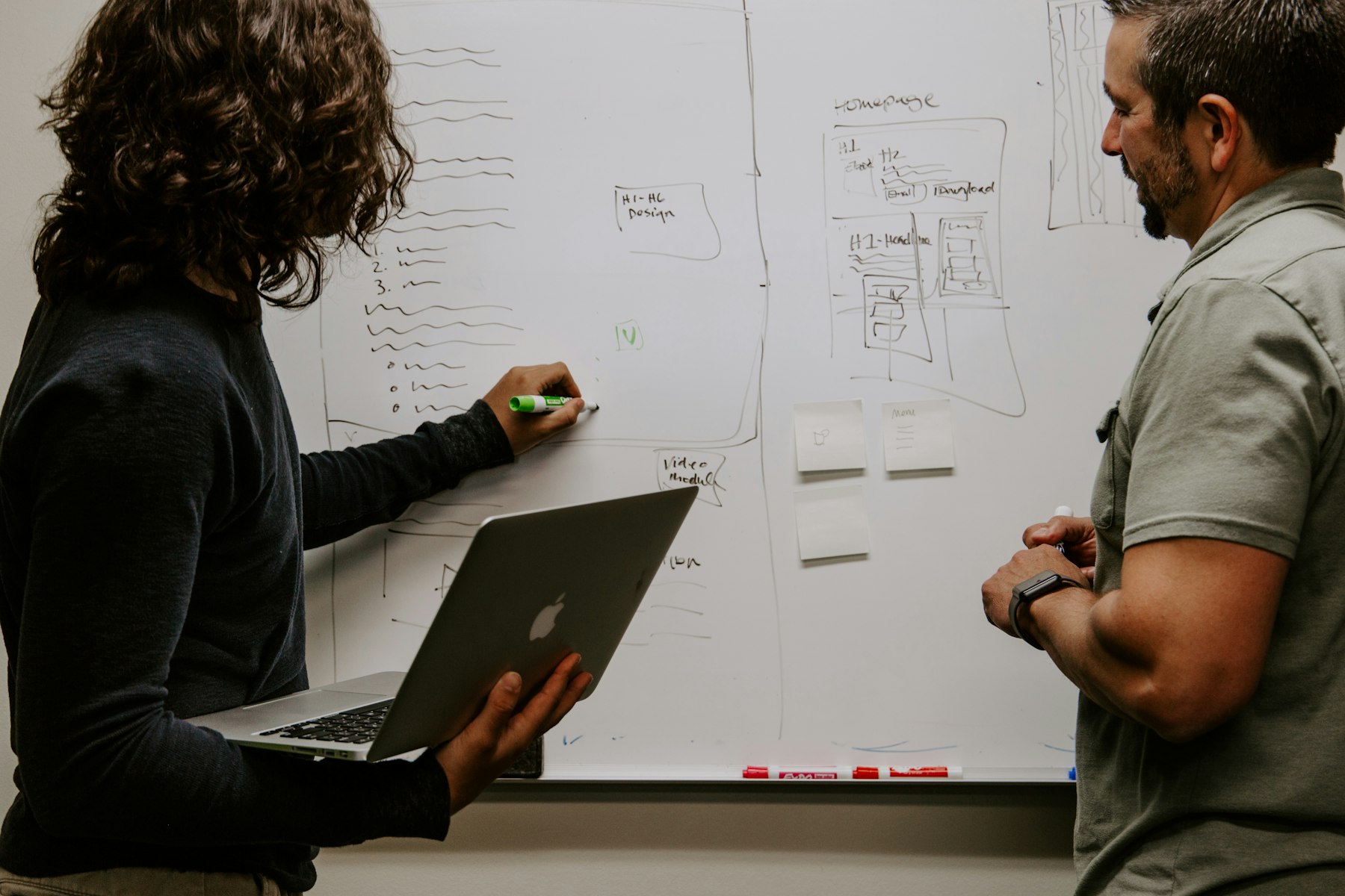 Team planning at a whiteboard with laptops open
